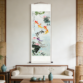 新中式九鱼运财竖版国画玄关书房走廊客厅字画装饰画（无装裱）