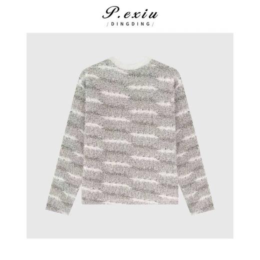 PanYiXiu/潘依绣松弛感撞色条纹挂毛流苏气质长袖圆领针织上衣W-63547 商品图2