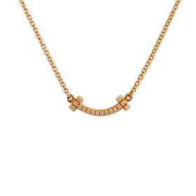 【95新】Tiffany & Co.蒂芙尼Tiffany T 系列迷你18K玫瑰金满钻Smile笑脸项链 链长约45cm女士260126AK49