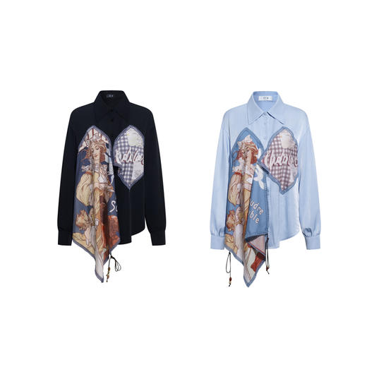 两三事 浓情假日 2026春季新款复古印花拼接绑带假两件衬衫女 商品图4