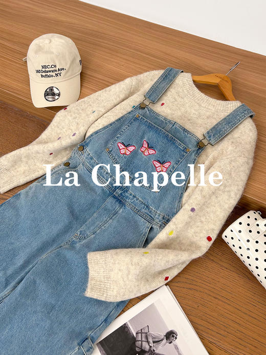 专柜实拍【减龄神器】拉夏贝尔/La Chapelle重磅100棉牛仔背带裤！撞色刺绣蝴蝶宽松显瘦直筒连体裤 商品图5