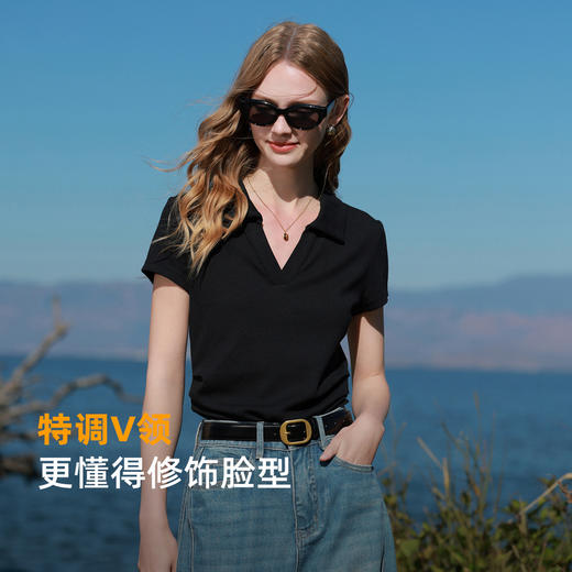 【瘦瘦T】三彩2026春季新款V领短袖T恤套头上衣修身短款显瘦M 商品图1