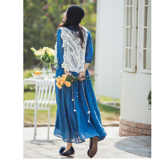 【林栖设计小店】（现货）植物染色|植物蓝手工流苏腰绳百搭2026春新款棉麻连衣裙1961139 商品图3