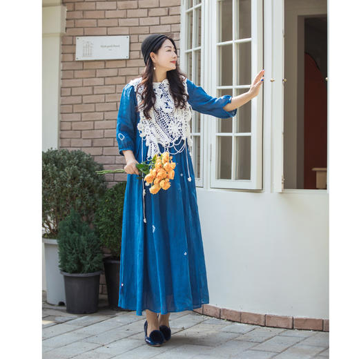 【林栖设计小店】（现货）植物染色|植物蓝手工流苏腰绳百搭2026春新款棉麻连衣裙1961139 商品图2