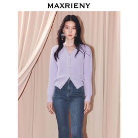 MAXRIENY甜美钉珠针织外套女25冬款修身显瘦v领收腰长袖上衣(货号:MF86JA520)