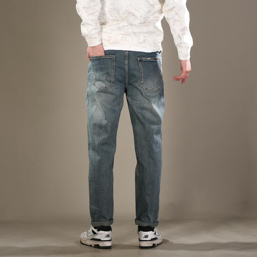 DRONKOO 2026 正常腰表袋拼接右后袋白蓝棕绣线中厚牛仔长裤 商品图4