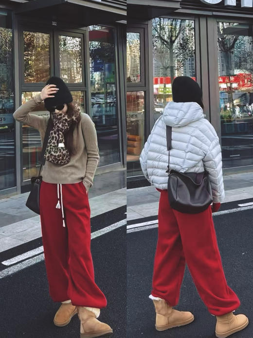 红红火火一整年弧型拼接弯刀镰刀卫裤 商品图0