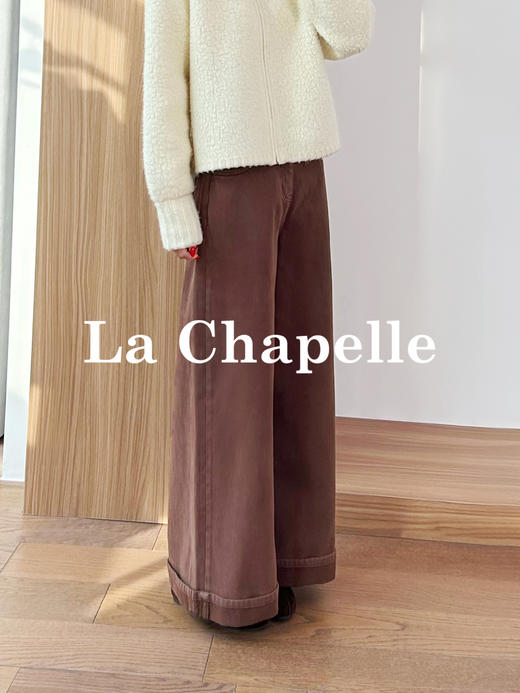 专柜实拍【磨毛阔腿裤】拉夏贝尔/La Chapelle全棉立体有型显瘦高腰卷边直筒阔腿百搭牛仔裤 商品图7