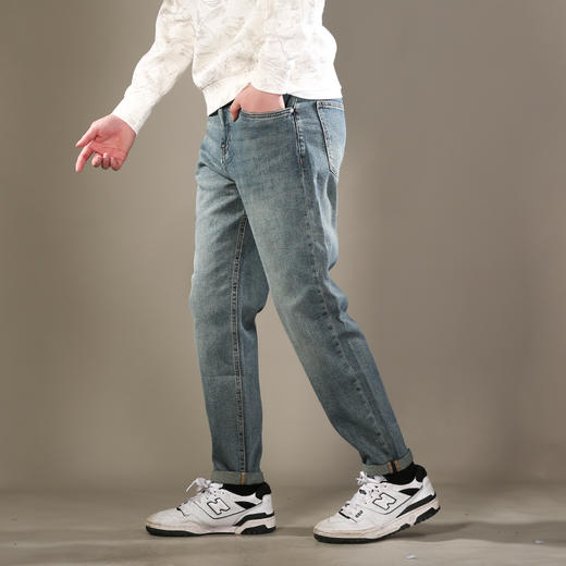 DRONKOO 2026 正常腰表袋拼接右后袋白蓝棕绣线中厚牛仔长裤 商品图2