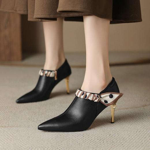 【预售5天】里外全皮细跟尖头丝带链条侧拉链深口单鞋牛皮韩版复古高跟鞋裸靴FDME&FD5281 商品图1