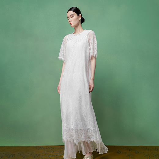 【林栖设计小店】镂光花影|蕾丝绣花拼桑蚕丝2026春新款国风连衣裙1961131 商品图1
