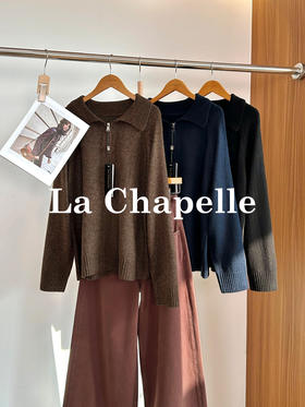 专柜实拍【绵羊毛/柔软亲肤】拉夏贝尔/La Chapelle法式高级感翻领半拉链针织衫松弛慵懒感套头毛衣
