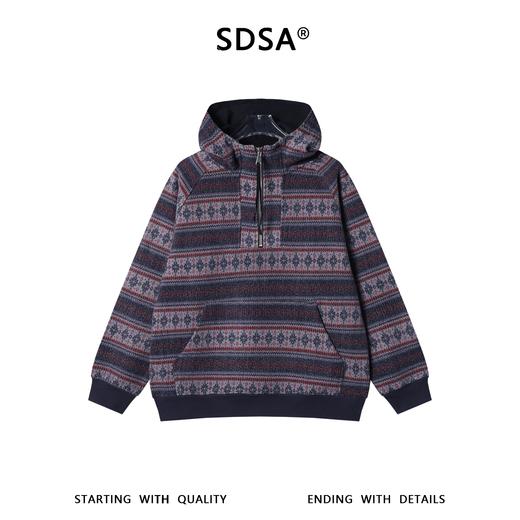 SDSA男士秋冬新款痞帅男装潮牌撞色条纹半拉链立领连帽卫衣百搭 商品图0
