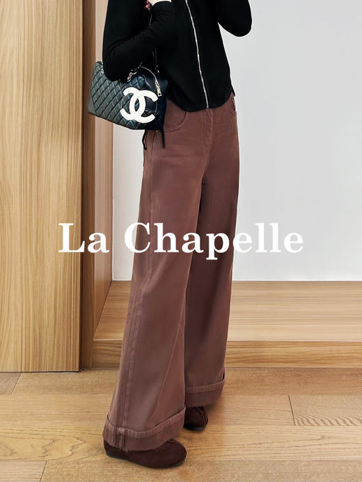 专柜实拍【磨毛阔腿裤】拉夏贝尔/La Chapelle全棉立体有型显瘦高腰卷边直筒阔腿百搭牛仔裤 商品图1