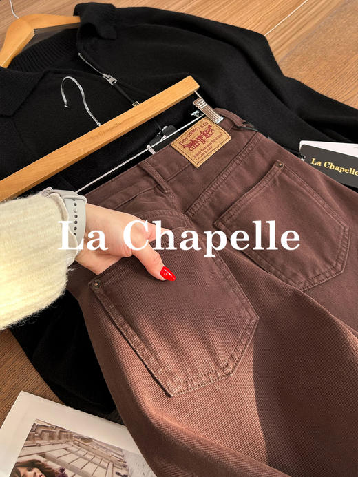 专柜实拍【磨毛阔腿裤】拉夏贝尔/La Chapelle全棉立体有型显瘦高腰卷边直筒阔腿百搭牛仔裤 商品图8