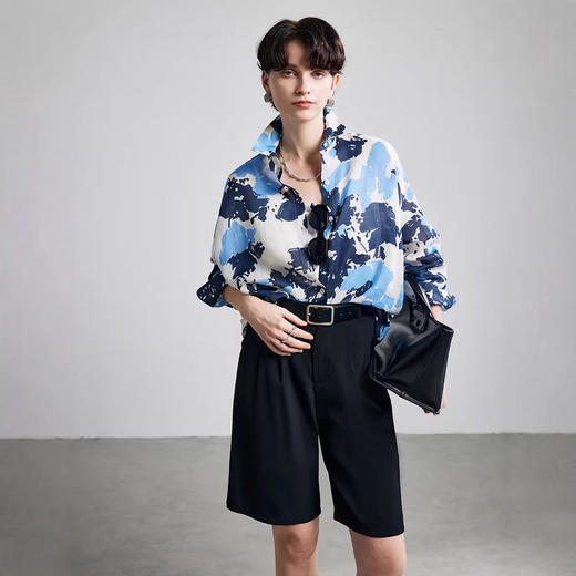 100%苎麻衬衫女2026年春夏新款长袖印花通勤百搭重工麻料衬衣 商品图1