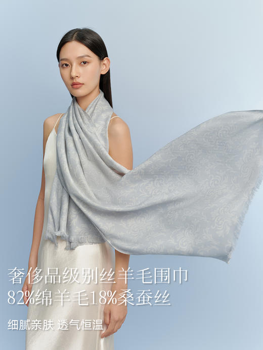 万事利双面印花丝羊毛围巾-岁岁生花 商品图1