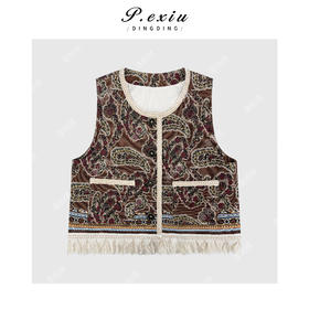 04-2潘依绣丁丁宠粉波西米亚风拼接流苏下摆无袖马甲Q46993