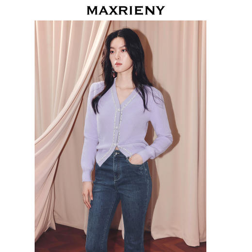MAXRIENY甜美钉珠针织外套女25冬款修身显瘦v领收腰长袖上衣(货号:MF86JA520) 商品图2