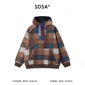 SDSA秋冬新款痞帅男装时尚撞色格子设计半拉链立领连帽卫衣高级感