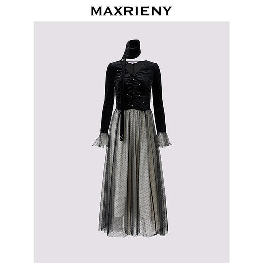 MAXRIENY宫廷风波点网纱拼接丝绒高级2025早春收腰长袖显瘦连衣裙(货号:MS85DR777) 商品图0