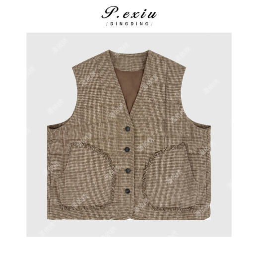 04-2潘依绣丁丁宠粉韩系减龄松弛细格纹口袋流苏百搭V领夹棉马甲Q457751 商品图0