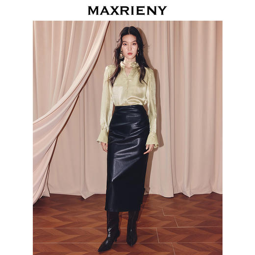 MAXRIENY软实力风穿搭v领醋酸衬衫女25冬款通勤风宽松长袖上衣(货号:MF86TP505) 商品图1