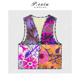 A008潘依绣丁丁宠粉民族风重工刺绣撞色印花夹棉马甲Q12348