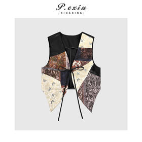 04-1潘依绣丁丁宠粉复古时髦多元素拼接黑色花纹马甲Q1258