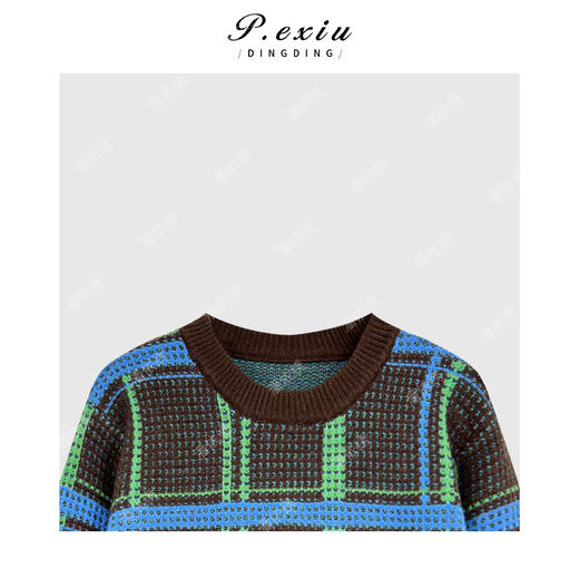 PanYiXiu/潘依绣韩系时髦撞色方格纹圆领长袖针织毛衣 Ss070 商品图2