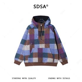 SDSA秋冬新款痞帅男装时尚撞色格子设计半拉链立领连帽卫衣高级感