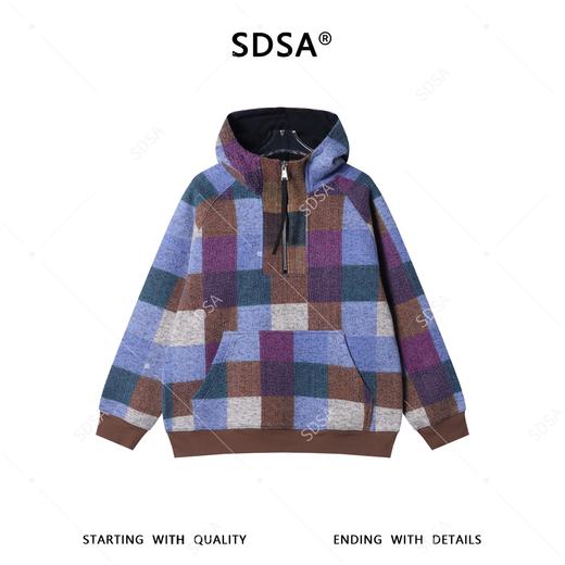 SDSA秋冬新款痞帅男装时尚撞色格子设计半拉链立领连帽卫衣高级感 商品图0