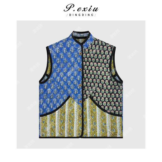 04-3潘依绣丁丁宠粉小众复古印花拼接两面穿立领无袖棉服马甲Q96145 商品图1