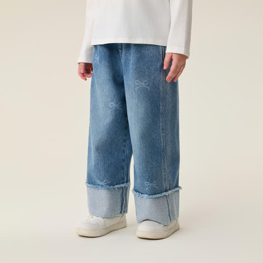 马克珍妮春日蝴蝶结女童牛仔卷边直筒裤2026年春装新款560095 商品图1