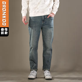 DRONKOO 2026 正常腰表袋拼接右后袋白蓝棕绣线中厚牛仔长裤