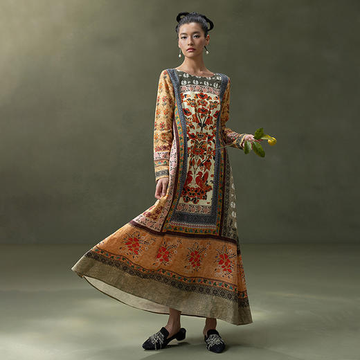 【林栖设计小店】古画复现|秋色印花复古优雅百搭2026春新款宽松连衣裙T1961381 商品图8