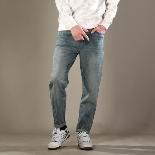 DRONKOO 2026 正常腰表袋拼接右后袋白蓝棕绣线中厚牛仔长裤 商品图1