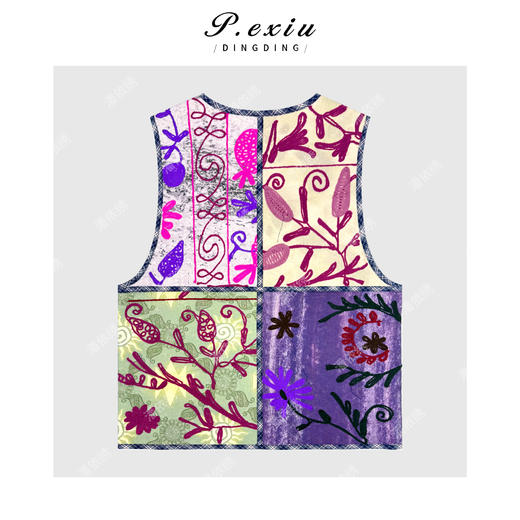 A008潘依绣丁丁宠粉民族风重工刺绣撞色印花夹棉马甲Q12348 商品图1