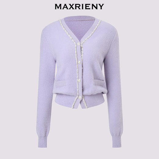 MAXRIENY甜美钉珠针织外套女25冬款修身显瘦v领收腰长袖上衣(货号:MF86JA520) 商品图4