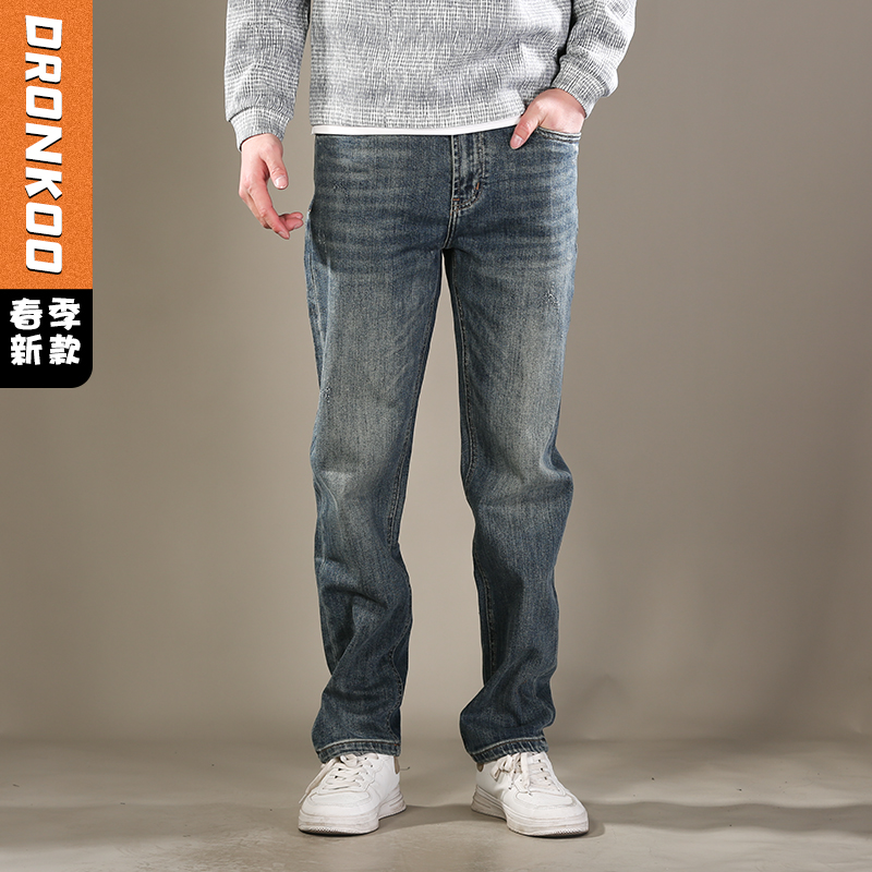 DRONKOO 2026 正常腰表袋斜贴标中厚牛仔长裤