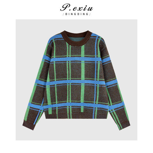 PanYiXiu/潘依绣韩系时髦撞色方格纹圆领长袖针织毛衣 Ss070 商品图0