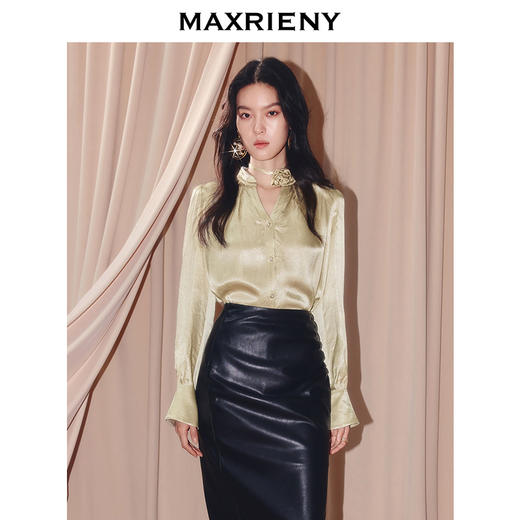 MAXRIENY软实力风穿搭v领醋酸衬衫女25冬款通勤风宽松长袖上衣(货号:MF86TP505) 商品图0