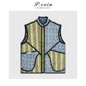 04-3潘依绣丁丁宠粉小众复古印花拼接两面穿立领无袖棉服马甲Q96145