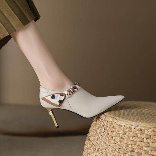 【预售5天】里外全皮细跟尖头丝带链条侧拉链深口单鞋牛皮韩版复古高跟鞋裸靴FDME&FD5281 商品图3