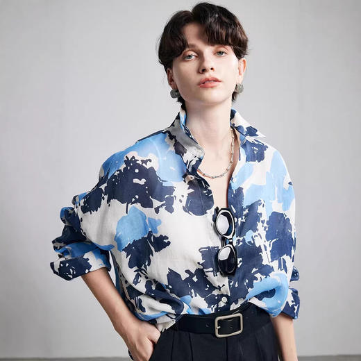 100%苎麻衬衫女2026年春夏新款长袖印花通勤百搭重工麻料衬衣 商品图0