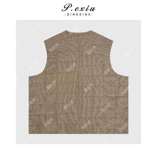 04-2潘依绣丁丁宠粉韩系减龄松弛细格纹口袋流苏百搭V领夹棉马甲Q457751 商品图1