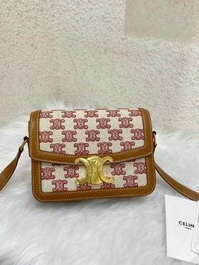 Celine 凯旋门 teen 刺绣帆布拼皮 翻盖包