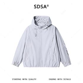 SDSA男士秋冬新款痞帅男装潮牌褶皱纯色拉链立领连帽夹克外套百搭