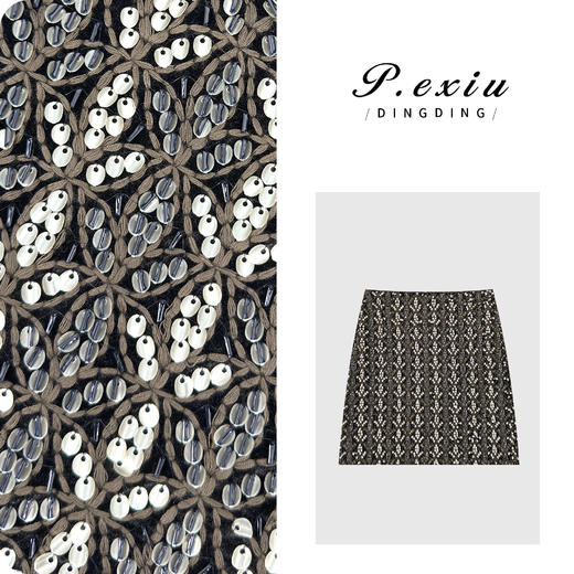 PanYiXiu/潘依绣【C位千金】时髦小香风钉珠亮片后开叉半身裙M9052 商品图0