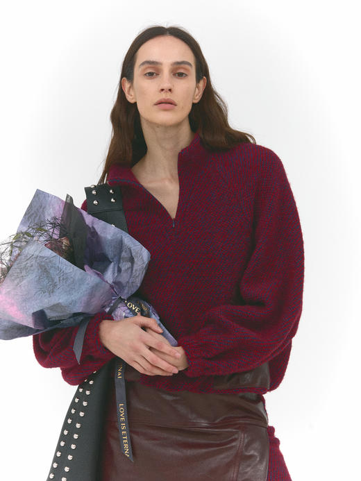 皮革拼接半高领毛呢套头衫 商品图1